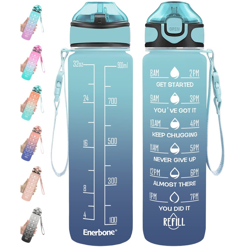 Enerbone 32 oz Drinking Water Bottle with Times to Drink and Straw, Motivational with Carrying Strap, Leakproof BPA & Toxic Free, Ensure You Drink Enough Water for Fitness Gym Outdoor