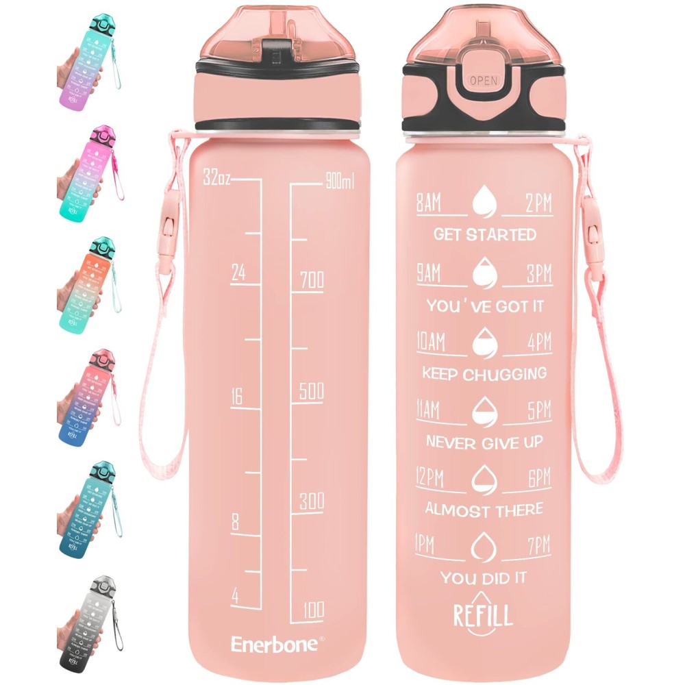 Enerbone 32 oz Water Bottle with Times to Drink and Straw, Motivational Drinking Water Bottles with Carrying Strap, Leakproof BPA & Toxic Free, Ensure You Drink Enough Water for Fitness Gym Outdoor