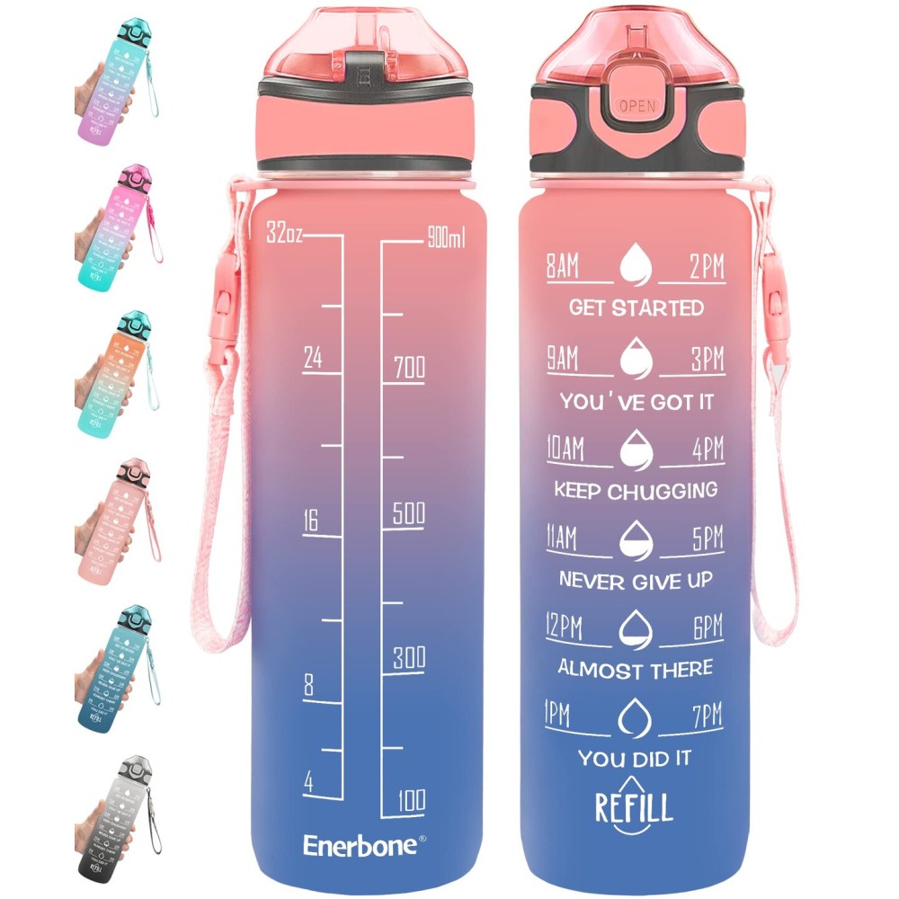 Enerbone 32 oz Drinking Water Bottle with Times to Drink and Straw, Motivational with Carrying Strap, Leakproof BPA & Toxic Free, Ensure You Drink Enough Water for Fitness Gym Outdoor