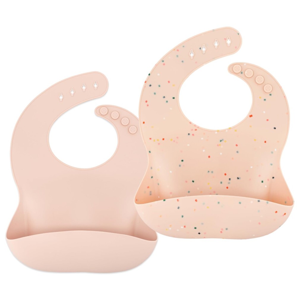 AVA + OLIVER Waterproof Silicone Bib Set with Adjustable Neck Closure - Durable Silicone Bibs for Babies - Set of 2 (Guava Confetti)