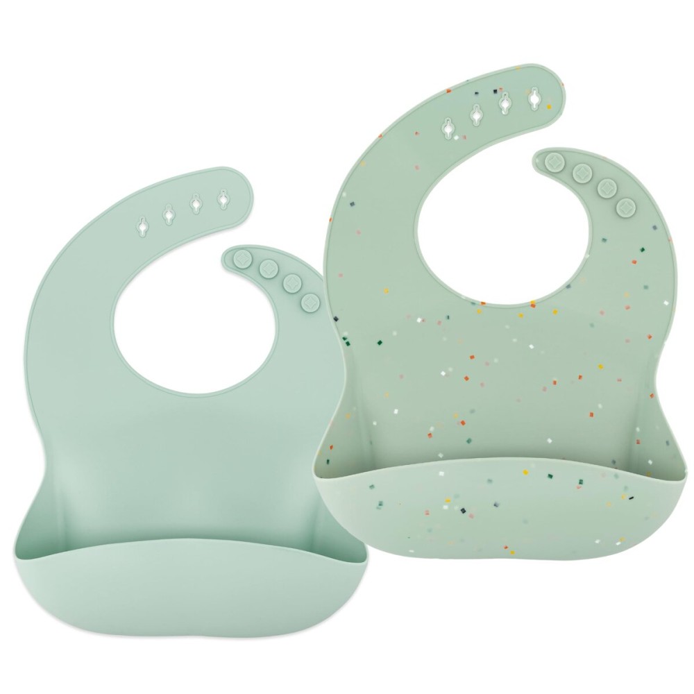 AVA + OLIVER Waterproof Silicone Bib Set with Adjustable Neck Closure - Durable Silicone Bibs for Babies - Set of 2 (Mint Confetti)