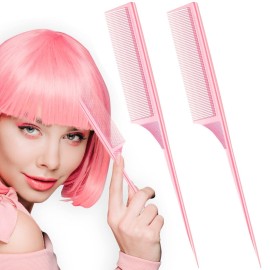 2 Pack Rat Tail Combs for Women Fine Tooth Comb Parting Tip Carbon Fiber Root Teasing Anti Static Heat Resistant Adding Volume Evening Hair Styling (Pink)