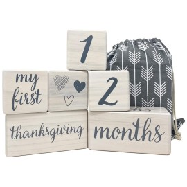 Pondering Pine Baby Milestone Blocks - Natural White Stain Pine Wood with Weeks Months Years Grade and Holidays, Newborn Weekly Monthly First Year Picture Props, 6 Block Milestones Age Set with Bag