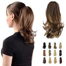 SOFEIYAN 13 Ponytail Extension Long Curly Ponytail Clip in Claw Hair Extension Natural Looking Synthetic Hairpiece for Women, Dark Brown/Golden Auburn