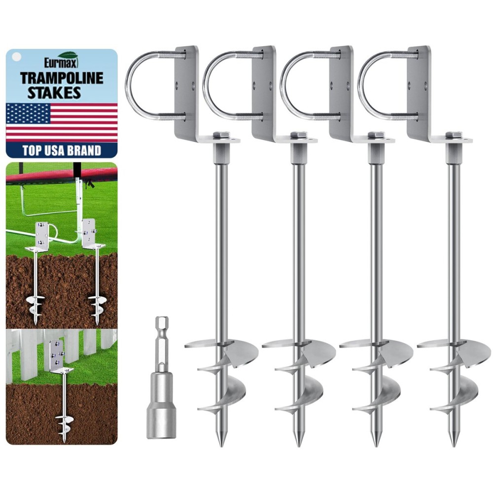 Eurmax USA Ground Anchors Heavy Duty Adjustable L-Shaped Head Shed Tent Stakes Trampoline Anchors, Trampoline Stakes for Sheds,Swing Sets,Mobile Home,Carports Set of 4(Silver)