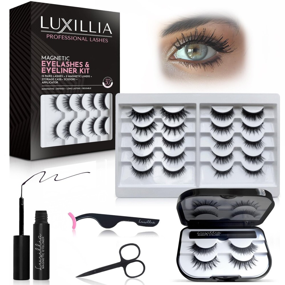 Luxillia Magnetic Eyelashes Kit - 16 Piece Magnetic Eyelash & Eyeliner Set with Applicator - Natural Look Easy Apply Reusable Fake Extension Lashes, No Glue - Pestaas Postizas Magnticas Naturales