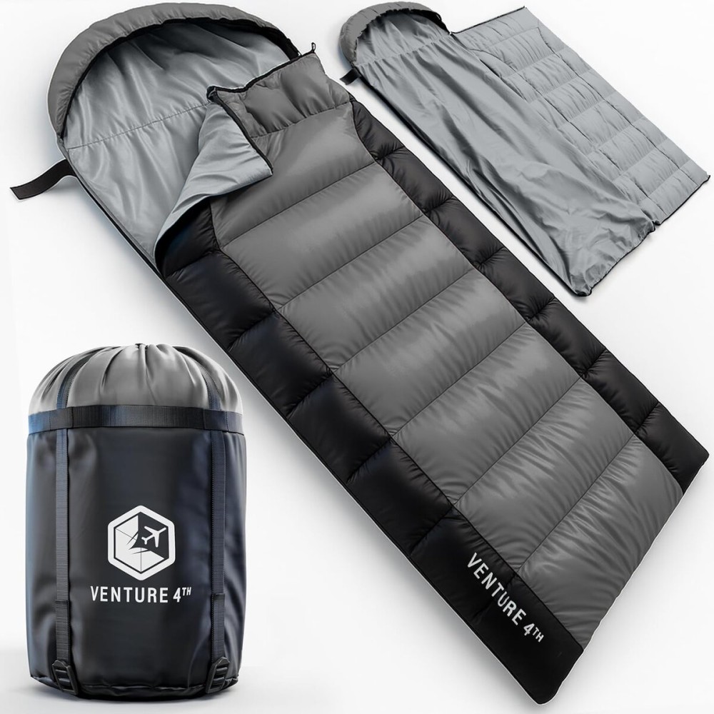 VENTURE 4TH Summer Backpacking Sleeping Bag, Single, Regular Size - Camping Sleeping Bags for Adults & Kids - Lightweight, Water Resistant, Ideal for Hiking, Camping & Outdoor - Silver/Black