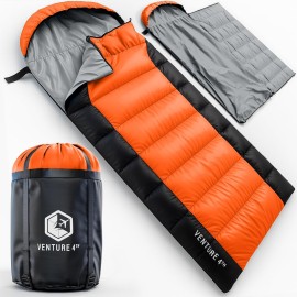 VENTURE 4TH Summer Backpacking Sleeping Bag, Single, Regular Size - Camping Sleeping Bags for Adults & Kids - Lightweight, Water Resistant, Ideal for Hiking, Camping & Outdoor - Orange/Black