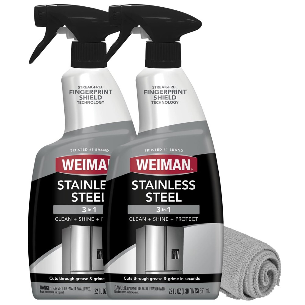Weiman Stainless Steel Cleaner and Polish - Protects Appliances from Fingerprints, Leaves a Streak-Free Shine for Refrigerator, Dishwasher, Oven, Grill, 2 Pack With Microfiber Cloth