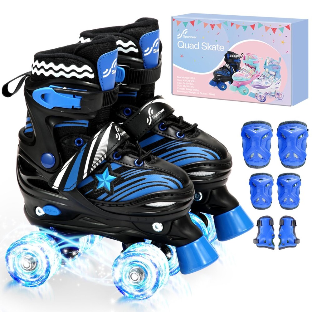 Sportneer Adjustable Kids Roller Skates with Light Up Wheels, 4 Sizes Fit for Girls Boys Ages 5-12, Fun Outdoor Indoor Quad Skates for Beginners, Safe Gift Set with Protective Gear Included