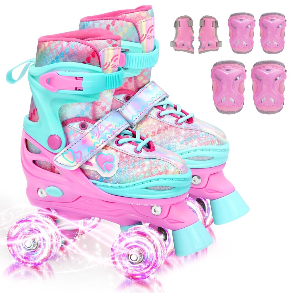 Sportneer Kids Roller Skates, 4 Adjustable Light up Roller Skates for Girls Boys Kids Toddlers Beginners, Kids Skates with Protective Gear Set Gift for Indoor & Outdoor Use