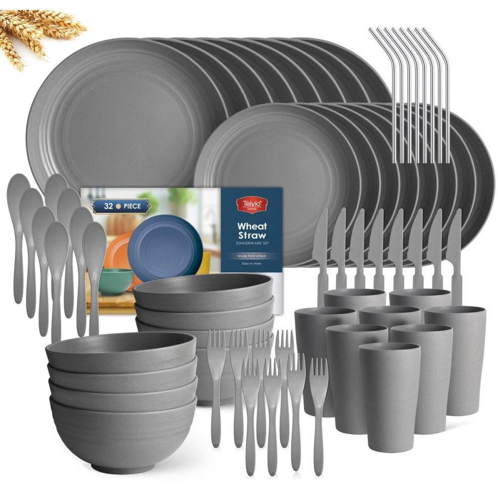 Teivio 32-Piece with Flatware Kitchen Plastic Wheat Straw Dinnerware Sets, Service for 8, Dinner Plates, Dessert Plate, Cereal Bowls, Cups, Unbreakable Plastic Outdoor Camping Dishes, Grey