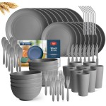 Teivio 32-Piece with Flatware Kitchen Plastic Wheat Straw Dinnerware Sets, Service for 8, Dinner Plates, Dessert Plate, Cereal Bowls, Cups, Unbreakable Plastic Outdoor Camping Dishes, Grey