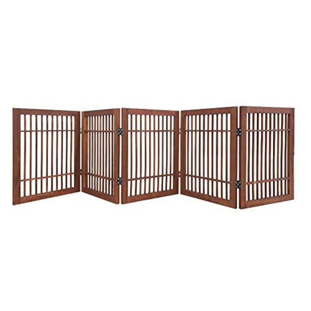 Pet Dog Gate Strong and Durable Freestanding Folding Acacia Hardwood Portable Wooden Fence Indoors or Outdoors by Urnporium (Brown Pet Gate, 5 Panel 24 Tall)