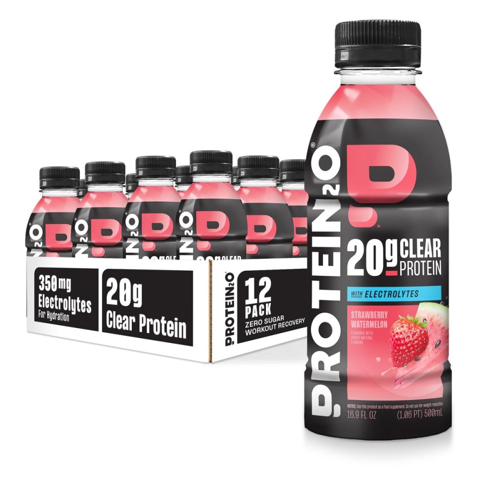 Protein2o Hydration Drink - 2-in-1 Liquid Clear Whey Protein Isolate and Electrolyte Drink - 20g Protein, Vitamins B5, B6 - Post-Workout Recovery - 16.9 Fl Oz - 12 Count Strawberry Watermelon