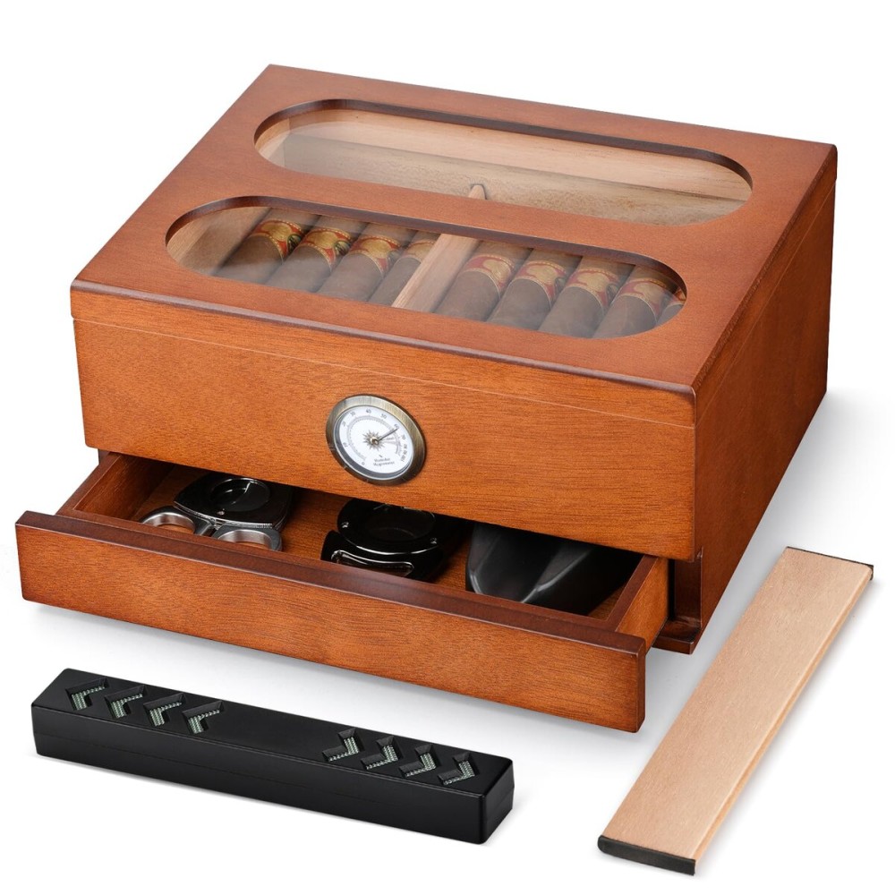 COOL KNIGHT Cigar Humidor with Front Hygrometer, Humidifier and Accessory Drawers-Tempered Glass Top Cigar Humidor Box - Spanish Cedar Humidor-Desktop Humidor That can Hold 20-35 Cigars.
