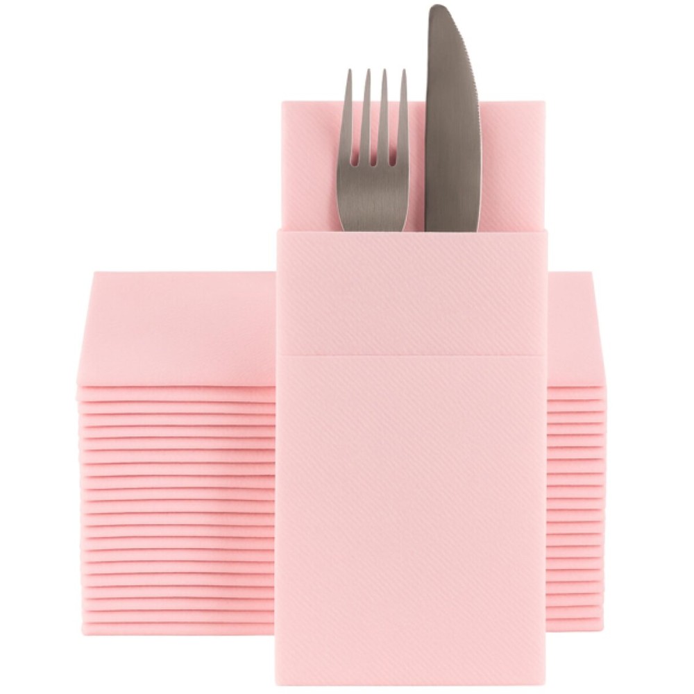 Baby Pink Dinner Napkins Cloth Like with Built-in Flatware Pocket, Linen-Feel Absorbent Disposable Paper Hand Napkins for Kitchen, Bathroom, Parties, Weddings, Dinners or Events, Pack of 50