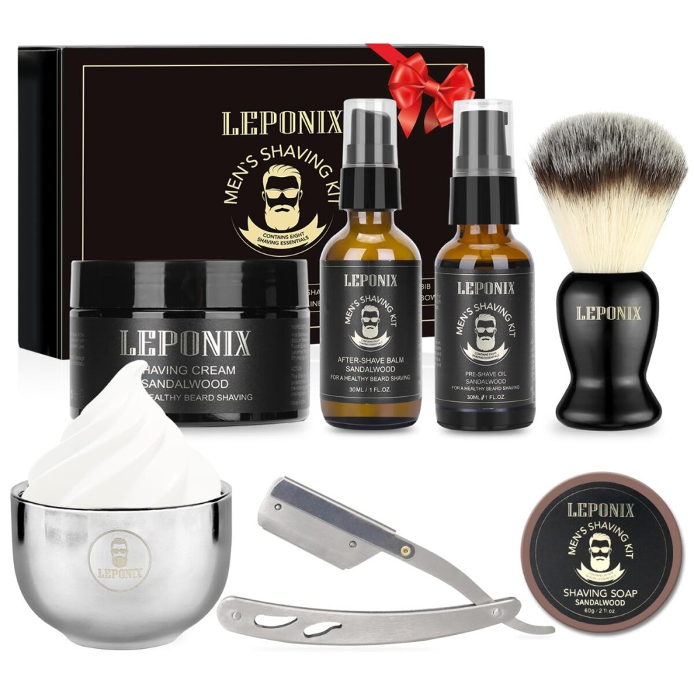 Mens Shaving Kit, Include Straight Razor, Sandalwood Shaving Soap & Cream, After Shave Balm, Pre-Shave Oil, Brush & Bowl - Christmas Gifts for Men Him Secret Santa Gift Set Stocking Stuffers