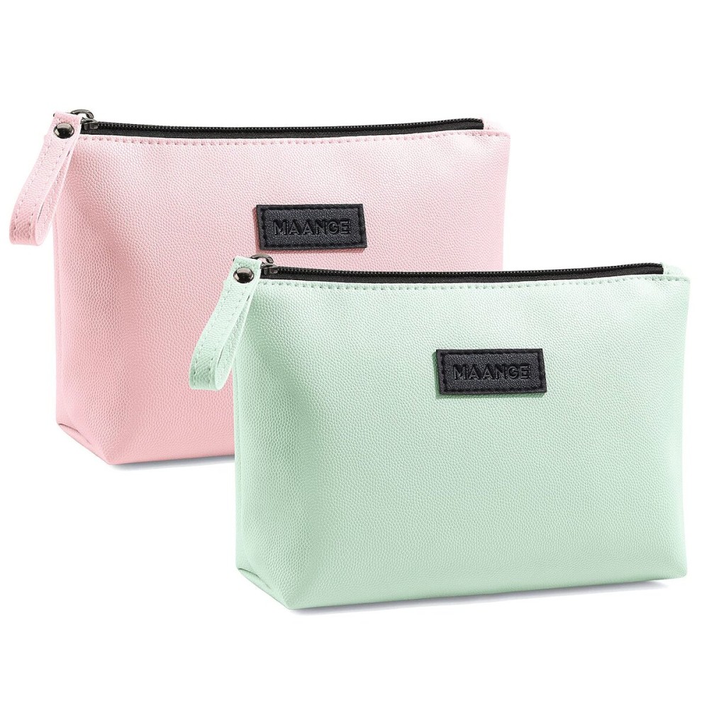 Small Makeup Bag for Purse 2 Pcs Travel Makeup Bag with Zipper Pu Leather Makeup Pouch Cosmetic Bags for Women Make Up Bag for Travelling (Green+Pink)