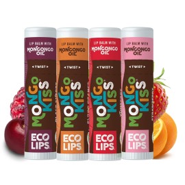 Eco Lips Mongo Kiss Organic Lip Balm 4 Pack Blood Orange, Yumberry, Strawberry Lavender, Black Cherry - 100 Percent USDA Organic - Soothe, Moisturize Dry