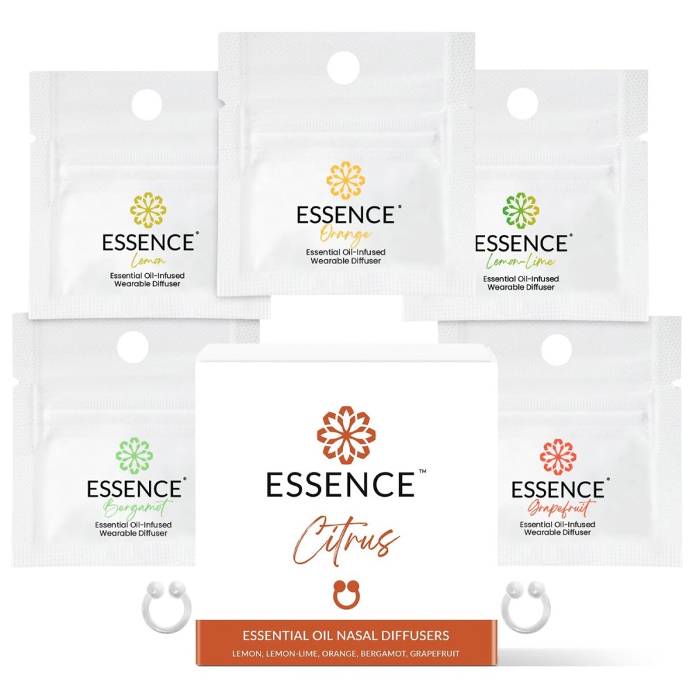 Essence Nasal Diffuser Citrus Bundle - Essential Oil Silicone Nose Rings for Mood, Energy & Positivity - Wearable Aromatherapy Pack with Lemon, Orange, Grapefruit & Bergamot