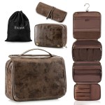 Elviros Hanging Toiletry Bag Removable Travel Bag PU leather Makeup Cosmetic Organizer Kit, Coffee