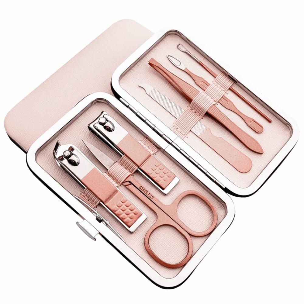QURIPE 7pcs Manicure Set, Nail Clippers Kit, Stainless Steel Manicure Kit, Nail Clipping Tools Portable Travel Grooming Kit, The Best Gift with Luxurious Case(Rose Gold)