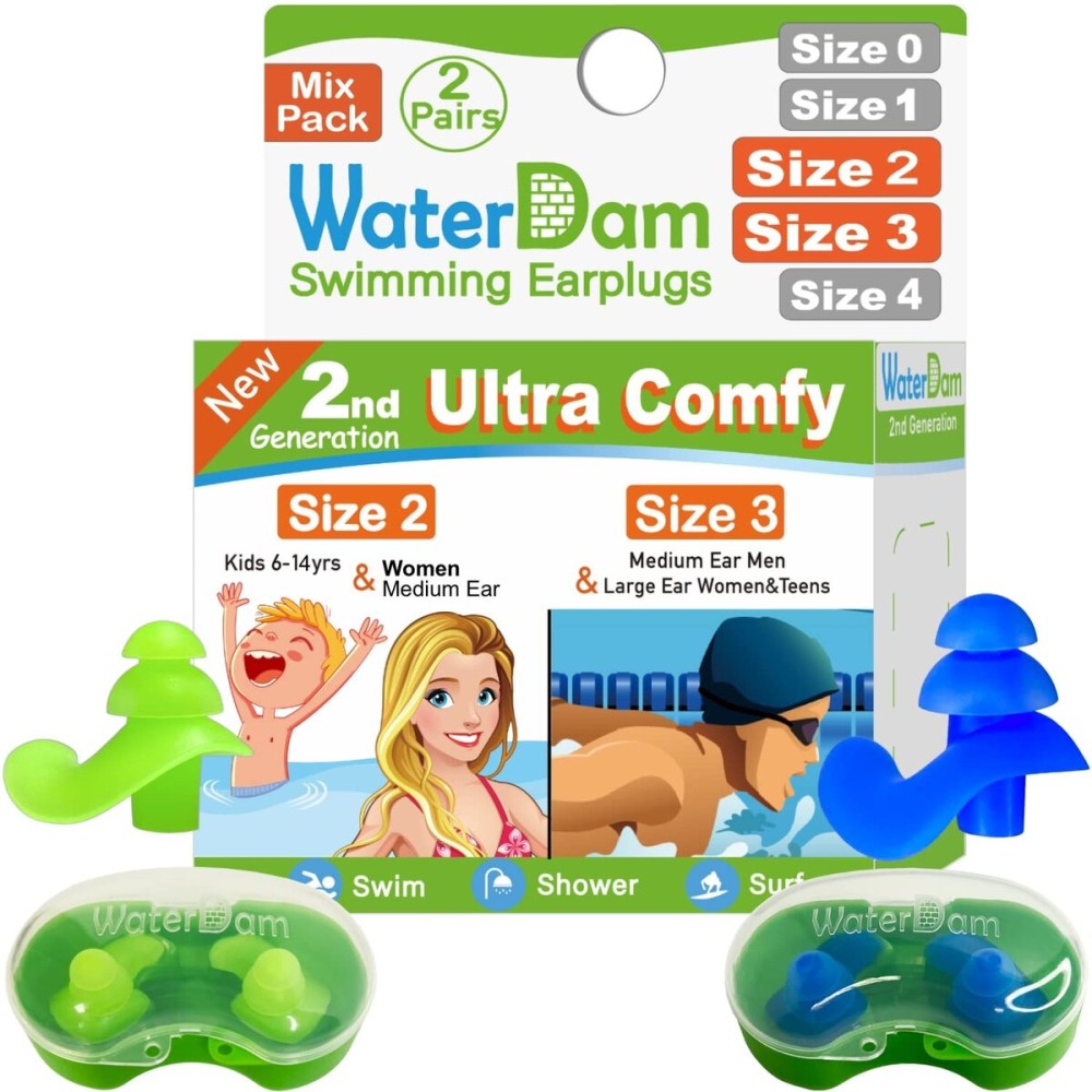 WaterDam Swimming Ear Plugs - Ultra Comfy Waterproof Earplugs Prevent Swimmer\'s Ear (Small & Large, Green & Blue)