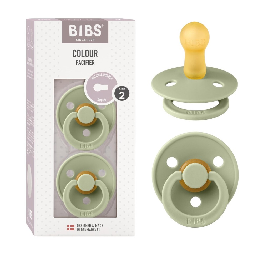 BIBS Pacifiers Colour Collection | Natural Rubber Baby Pacifier | Round Nipple | Set of 2 BPA-Free Soothers | Made in Denmark | 0+ Months (Pack of 2) | Sage