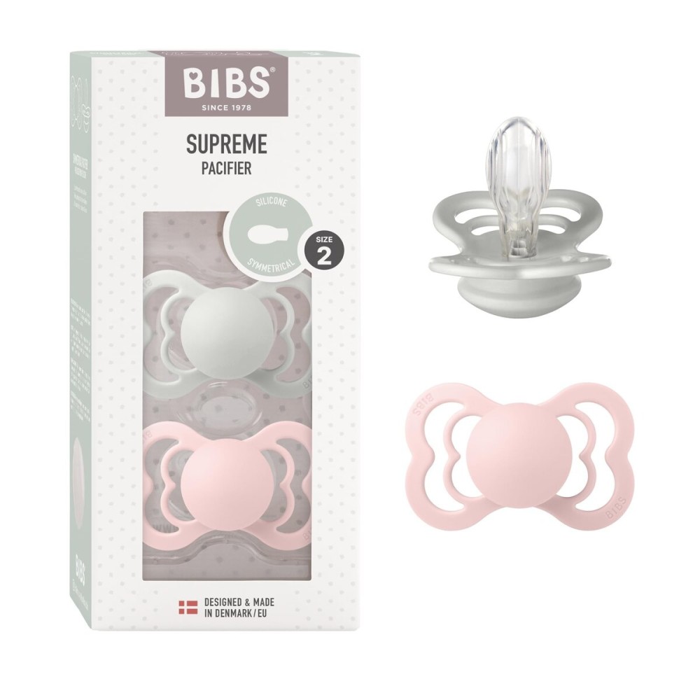 BIBS Supreme Baby Pacifier 2-Pack | Made in Denmark | BPA Free Dummy Soother, Symmetrical Nipple. Silicone, Size 2 (6-18 Months), Haze/Blossom