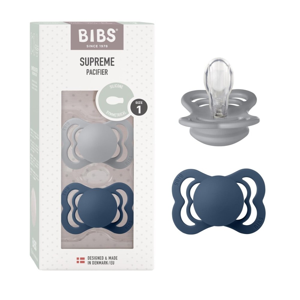 BIBS Supreme Baby Pacifier 2-Pack | Made in Denmark | BPA Free Dummy Soother, Symmetrical Nipple. Silicone, Size 1 (0-6 Months), Cloud/Steel Blue