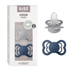 BIBS Supreme Baby Pacifier 2-Pack | Made in Denmark | BPA Free Dummy Soother, Symmetrical Nipple. Silicone, Size 2 (6-18 Months), Cloud/Steel Blue