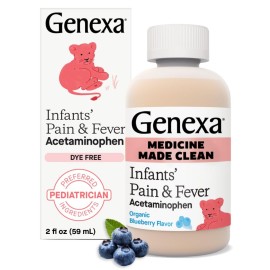 Genexa Infants\' Clean Acetaminophen | Pediatrician Preferred Ingredients | Pain Reliever & Fever Reducer for Babies | Dye Free, 0% Artificial Additives | Delicious Organic Blueberry Flavor, 2 fl oz