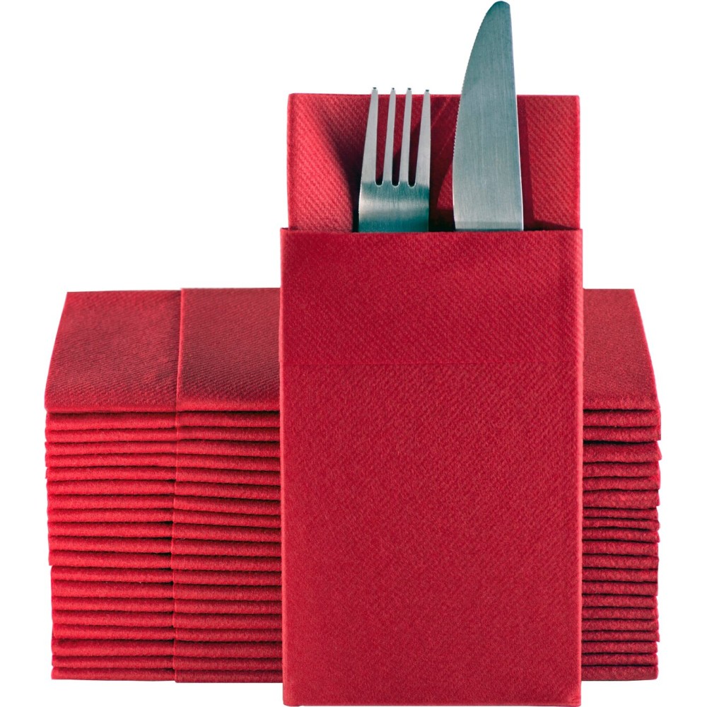 Red Dinner Napkins Cloth Like with Built-in Flatware Pocket, Linen-Feel Absorbent Disposable Paper Hand Napkins for Kitchen, Bathroom, Parties, Weddings, Dinners or Events, Pack of 50
