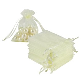 HRX Package 100pcs Little Organza Bags 3 x 4 inch, Pastel Yellow Mesh Bags Drawstring Pouches for Jewelry Bracelets Candy Party Favor Small Gift
