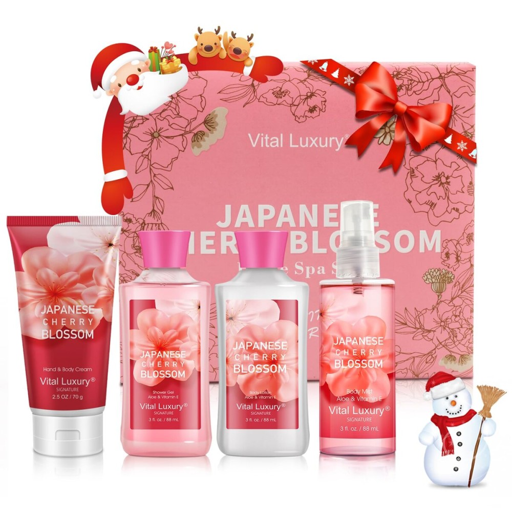 Vital Luxury Bath & Body Kit, 3 Fl Oz Travel Size, Ideal Skincare Relaxing Home Spa Set, Includes Body Lotion, Shower Gel, Body Cream, and Fragrance Mist, Bath Gifts for Her and Him (Japanese Cherry