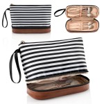 Ethereal Small Makeup Bag for Purse, Stripe Makeup Brush Organizer Bag Travel Make up Bags for Women Double Layer Makeup Pouch for Girls/Women