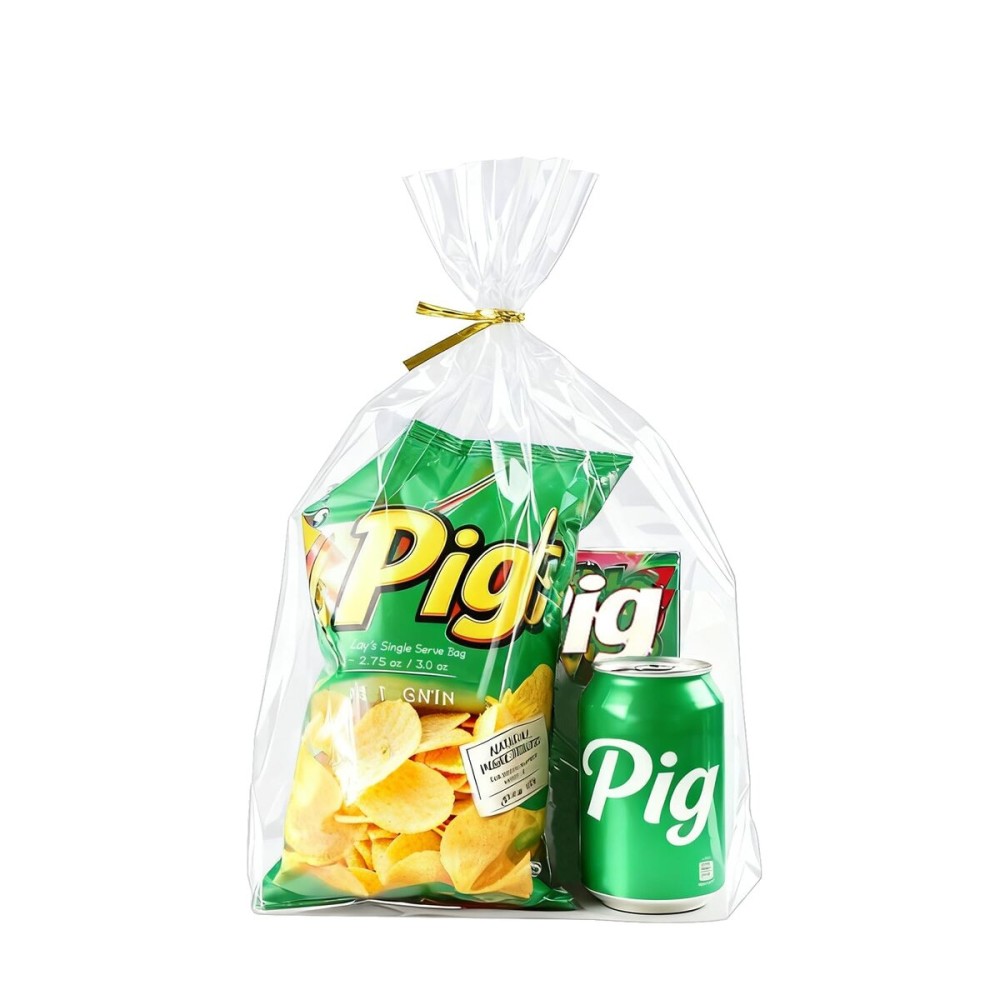 PigPotParty 10x 14, 100Pcs Bottom Gusset Bags, Clear Plastic Gift Bags, Cellophane Mug Treat Goodie Bags with 100x Twist Ties, Large Party Favor Packaging, Toy Wrapping (No Side Gusset)