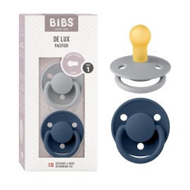 BIBS De Lux Baby Pacifier 2-Pack | Made in Denmark | BPA Free Dummy Soother, Round Nipple. Natural Rubber Latex, Size 1 (0-6 Months), Cloud/Steel Blue