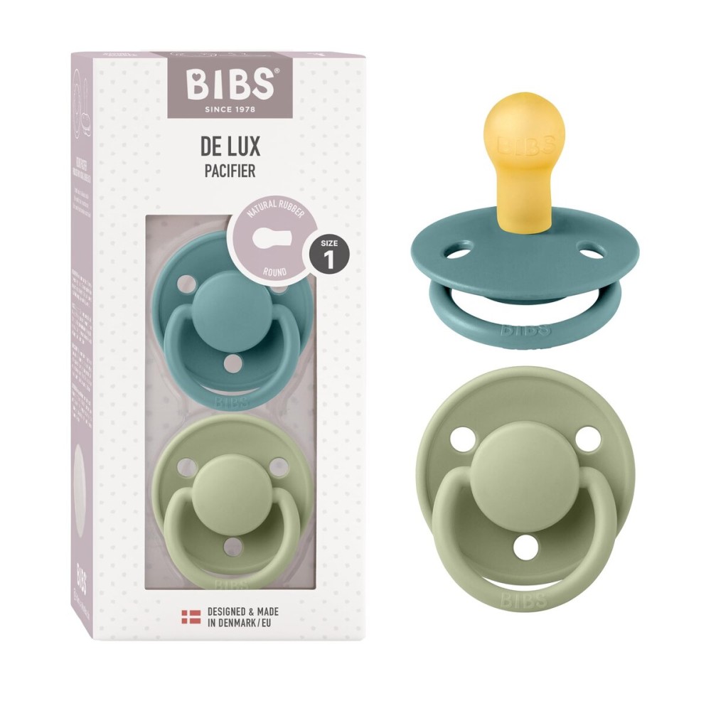 BIBS De Lux Baby Pacifier 2-Pack | Made in Denmark | BPA Free Dummy Soother, Round Nipple. Natural Rubber Latex, Size 1 (0-6 Months), Island Sea/Sage
