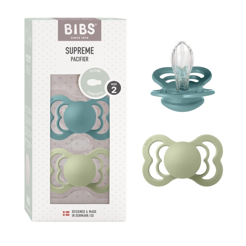 BIBS Pacifiers - Supreme Collection | BPA-Free Baby Pacifier | Made in Denmark | Set of 2 Island Sea/Sage Color Premium Soothers | Size 6-18 Months