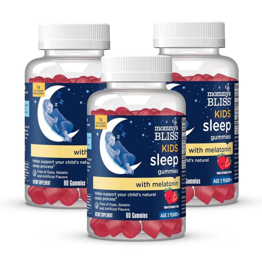 Mommy\'s Bliss Kids Sleep Gummies with Melatonin, Support Your Natural Sleep Process, Age 3 Years to Adults, Strawberry Flavor, 1G of Sugar, 60 Gummies (Pack of 3)