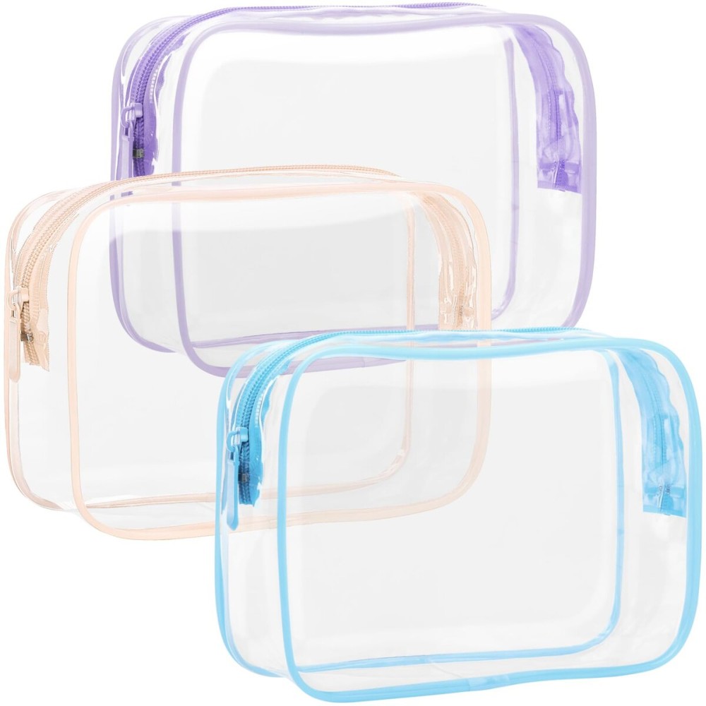 F-color Clear Toiletry Bag - 3 Pack TSA Approved Toiletry Bag Clear Makeup Bag, Travel Cosmetic Bag for Women, Carry on Airport Airline Compliant Bag, Black, White, Blue(for age 12 or above)