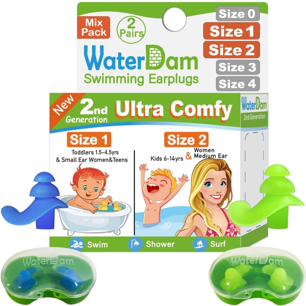 WaterDam Swimming Ear Plugs Great Waterproof Ultra Comfy Earplugs Prevent Swimmer\'s Ear (Size 1+2: Toddlers (Blue) & Small&Medium Ear Women Kids Teens (Green))