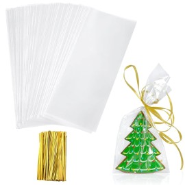 Yotelab Cellophane Treat Bags, 4x9 Inches Clear Cellophane Bags With Twist Ties,100 Pcs