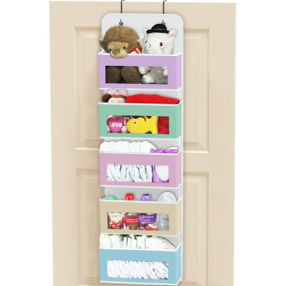 Simple Houseware 5 Clear Window Pocket Over Closet Door Storage Hanging Organizer for Bedroom, Bathroom, Pantry, Colorful