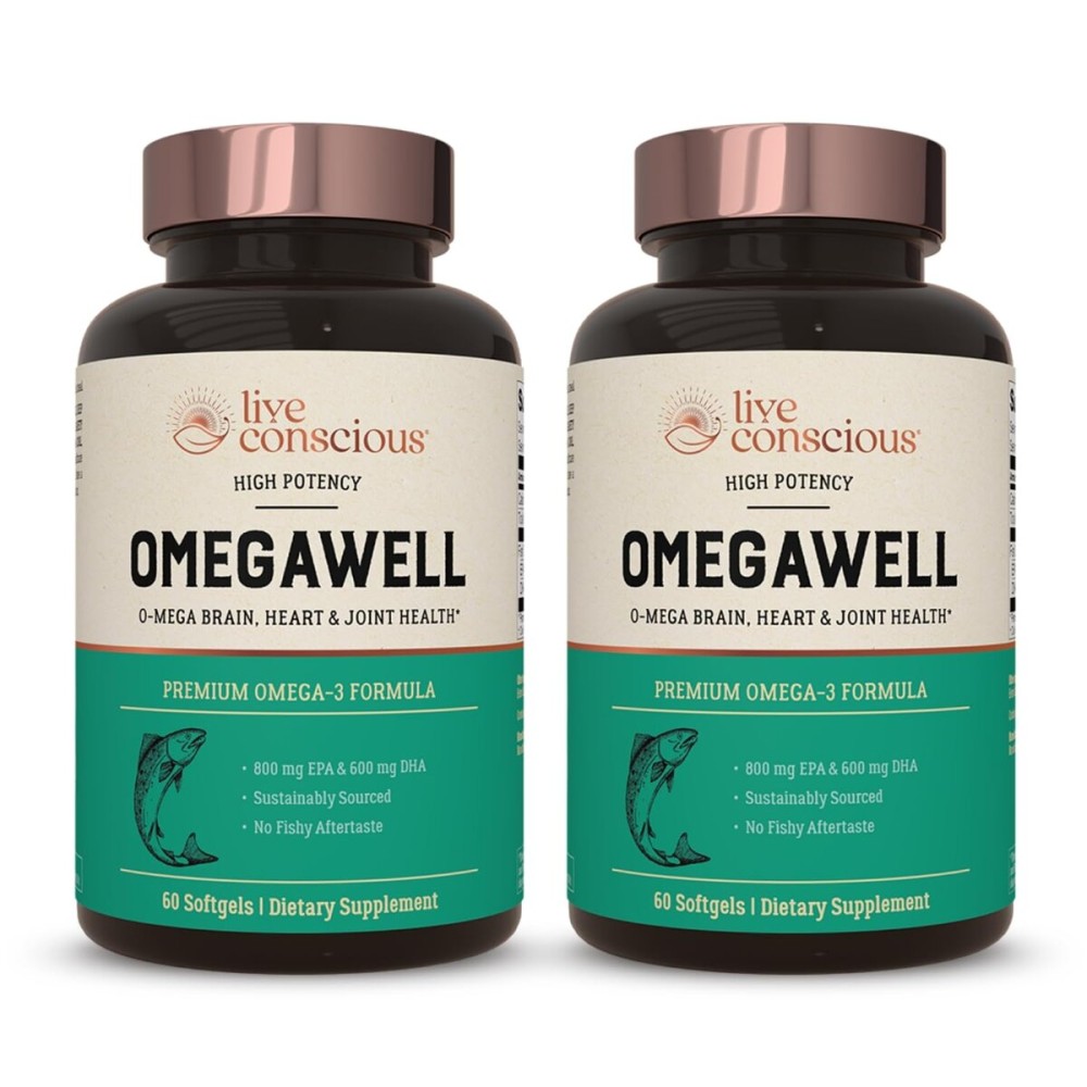 Live Conscious OmegaWell Fish Oil: Heart, Brain, and Joint Support | 800 mg EPA 600 mg DHA - Enteric-Coated, Sustainably Sourced - Easy to Swallow 120 Count (2-Pack)