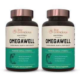 Live Conscious OmegaWell Fish Oil: Heart, Brain, and Joint Support | 800 mg EPA 600 mg DHA - Enteric-Coated, Sustainably Sourced - Easy to Swallow 120 Count (2-Pack)