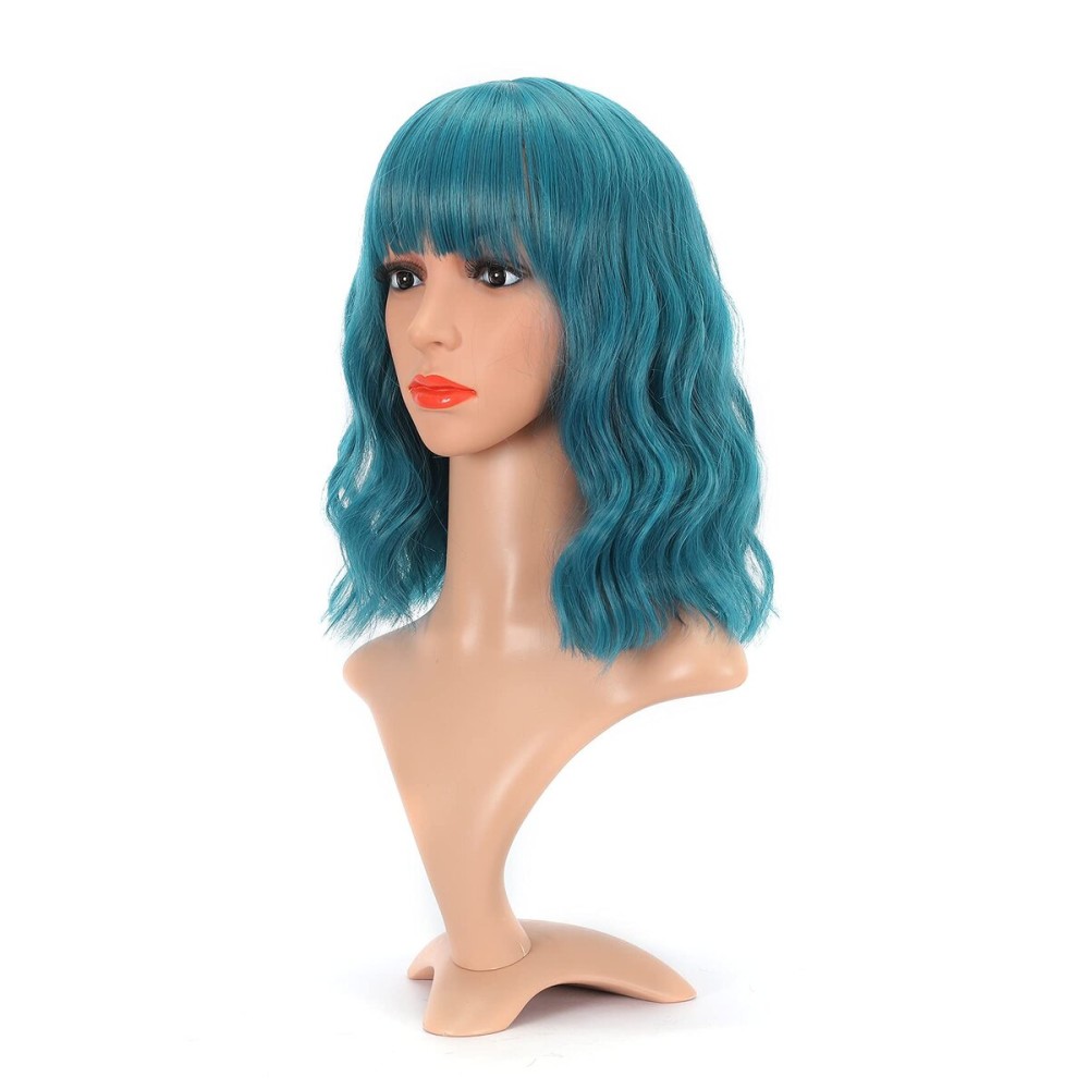 VCKOVCKO Natural Wavy Wig With Air Bangs Short Bob Dark Blue Wigs Women\'s Shoulder Length Wigs Curly Wavy Synthetic Cosplay Wig Pastel Bob Wig for Girl Colorful Wigs(12,Dark Blue)