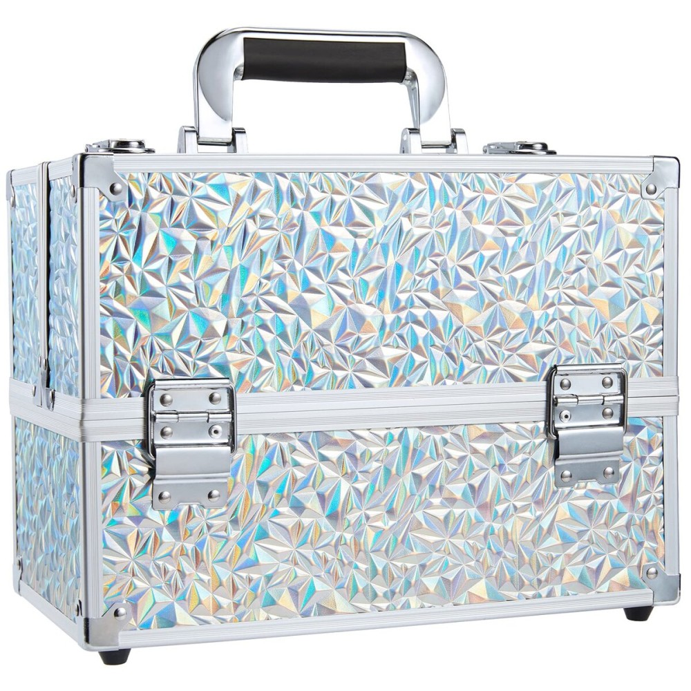 FRENESSA Makeup Case Cosmetic Train Case Organizer 11.8 Inch Large Makeup Box Travel Storage Make Up Train Carrying Case with 6 Trays Locking Hard Vanity Storage Glitter Silver